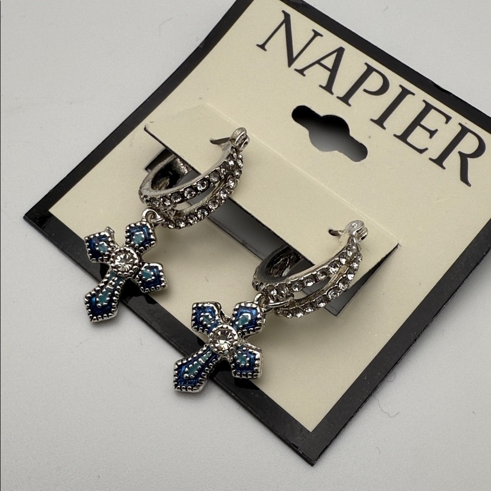 NWT Napier Silver and Blue Cross Dangle Earrings